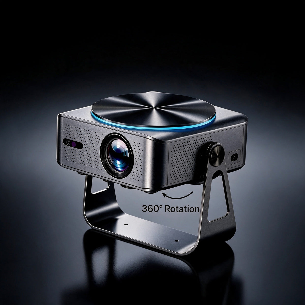 Zoomly Pro Elite beamer gekanteld op zijn 360° draaibare standaard voor projectie op plafond of muur