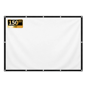 Zoomly 150 inch draagbaar projectiescherm, blanco wit 16:9-doek met zwarte rand en metalen ogen om op te hangen.